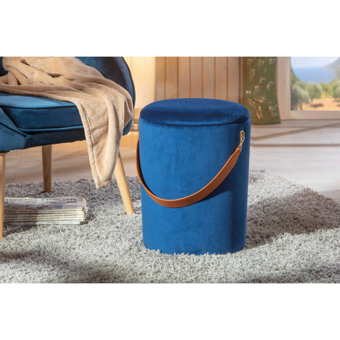 Pouf secchiello contenitore in velluto e maniglia in ecopelle, colore blu, cm 35x35x45