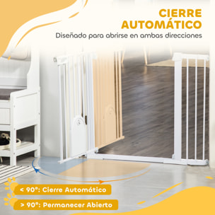 Barrera de Seguridad para Perros Extensible 75-131 cm, para Puertas y Escaleras, Barrera para Perros con Puerta Pequeña, 3 Extensiones, Montaje a Presión y Doble Bloqueo, Blanco