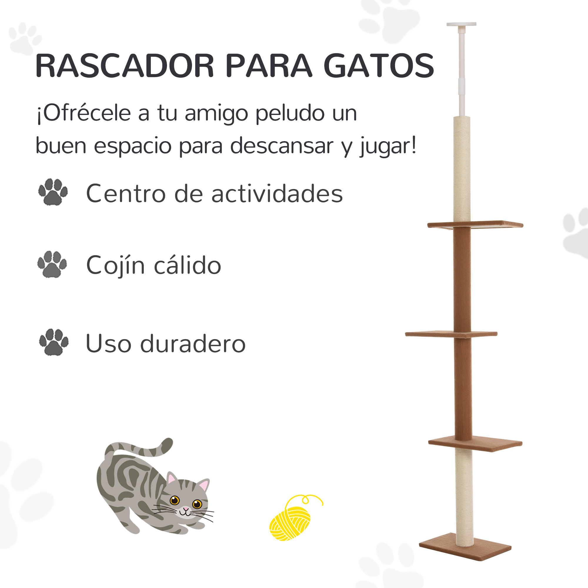 Rascador Ajustable de Gato de Felpa 43x27x228-260cm Marrón