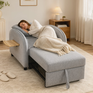 Sofá Cama 1 Plaza Convertible, 3 en 1, con Mesa Lateral Plegable, Sillón Cama con Respaldo Ajustable, Almohada con Funda Lavable, Bolsillo Lateral, para Salón, Dormitorio, Gris