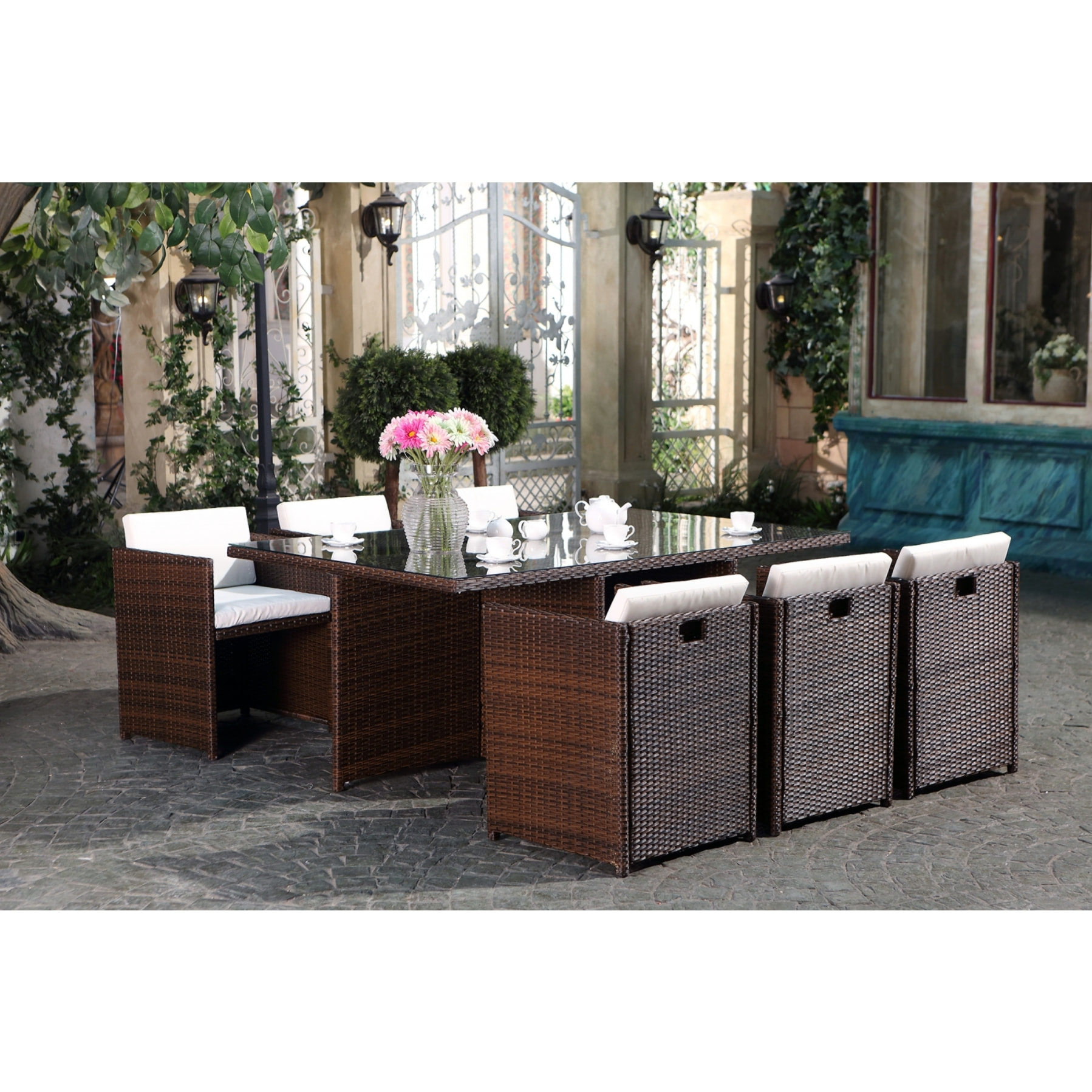 Salon de jardin 6 places marron/blanc + housse de protection REGINA