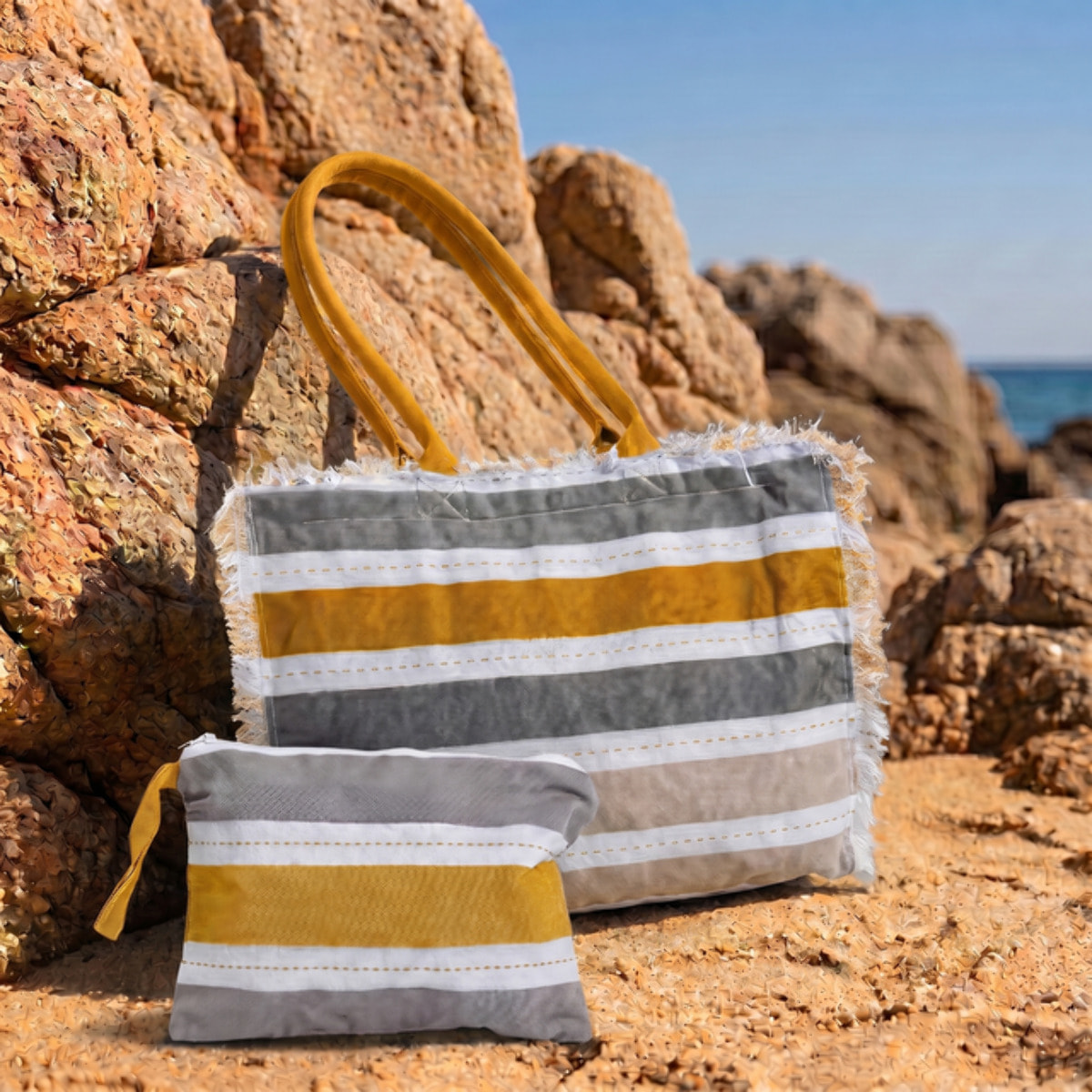 Borsa mare con pochette in cotone e poliestere - Multicolore