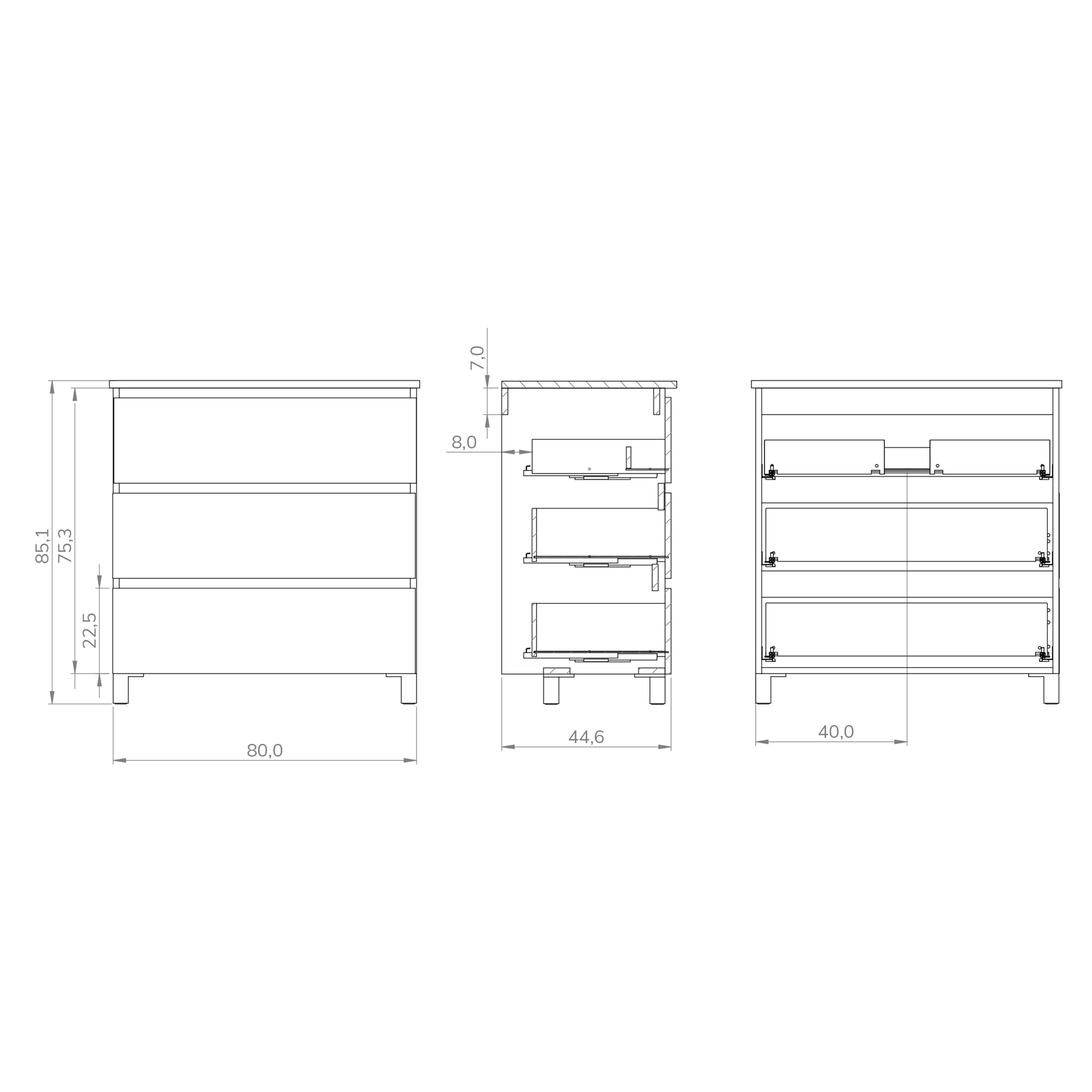 Conjunto de baño Wink | 80 cm Nebraska | Tres cajones | Lavabo encastrado | No incluye espejo | Mueble montado | Alday