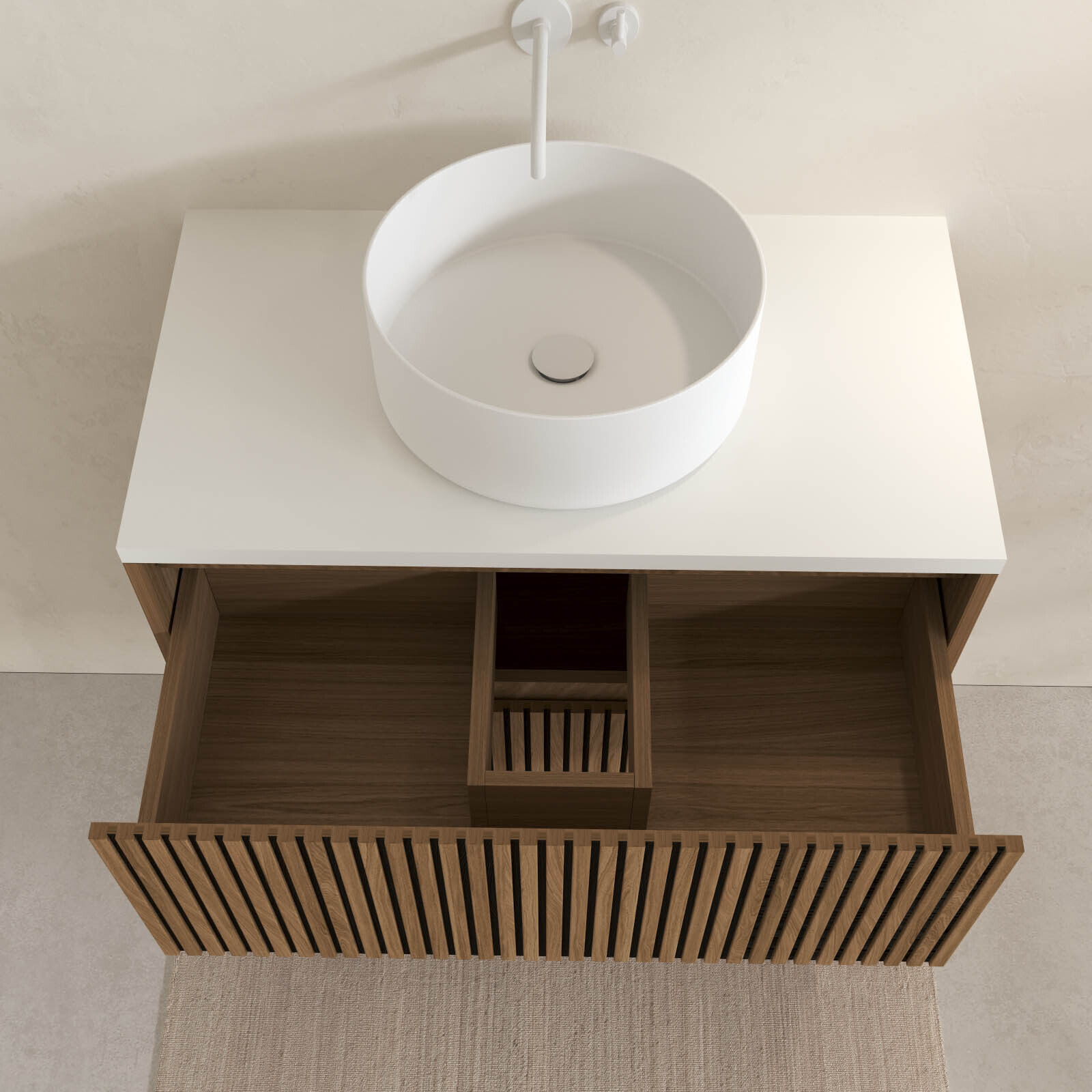Meuble Salle de Bains YUKI 60 2 Tiroirs Décor Chêne et Noir Cranté - Plan et Vasque Blanche