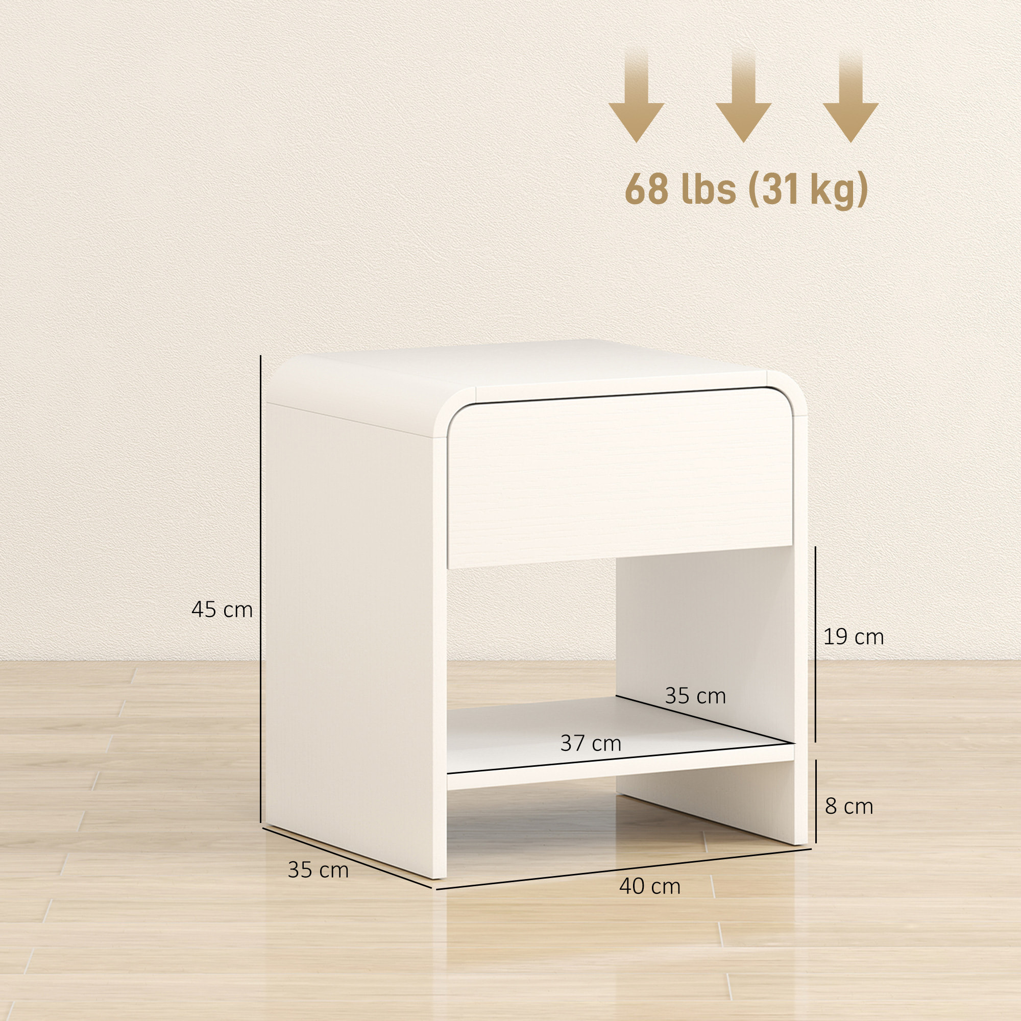 HOMCOM Juego de 2 Mesitas de Noche Nórdicas, Mesillas de Noche con Esquinas Redondeadas, Cajón y Estante Abierto, Mesita Auxiliar para Salón, Dormitorio, 40x35x45 cm, Blanco