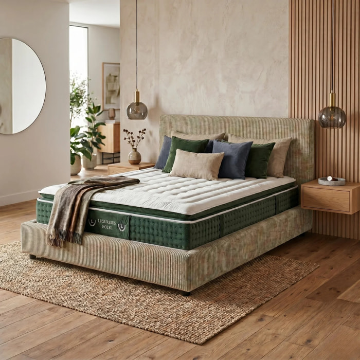 Ensemble matelas Jade & lit coffre Colisée | Mémoire de forme et ressorts ensachés | Grande capacité de stockage | Velours côtelé | Gris clair