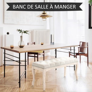 Banc banquette capitonnée style classique chic dim. 110L x 40l x 48H cm piètement bois hévéa sculpté lin beige