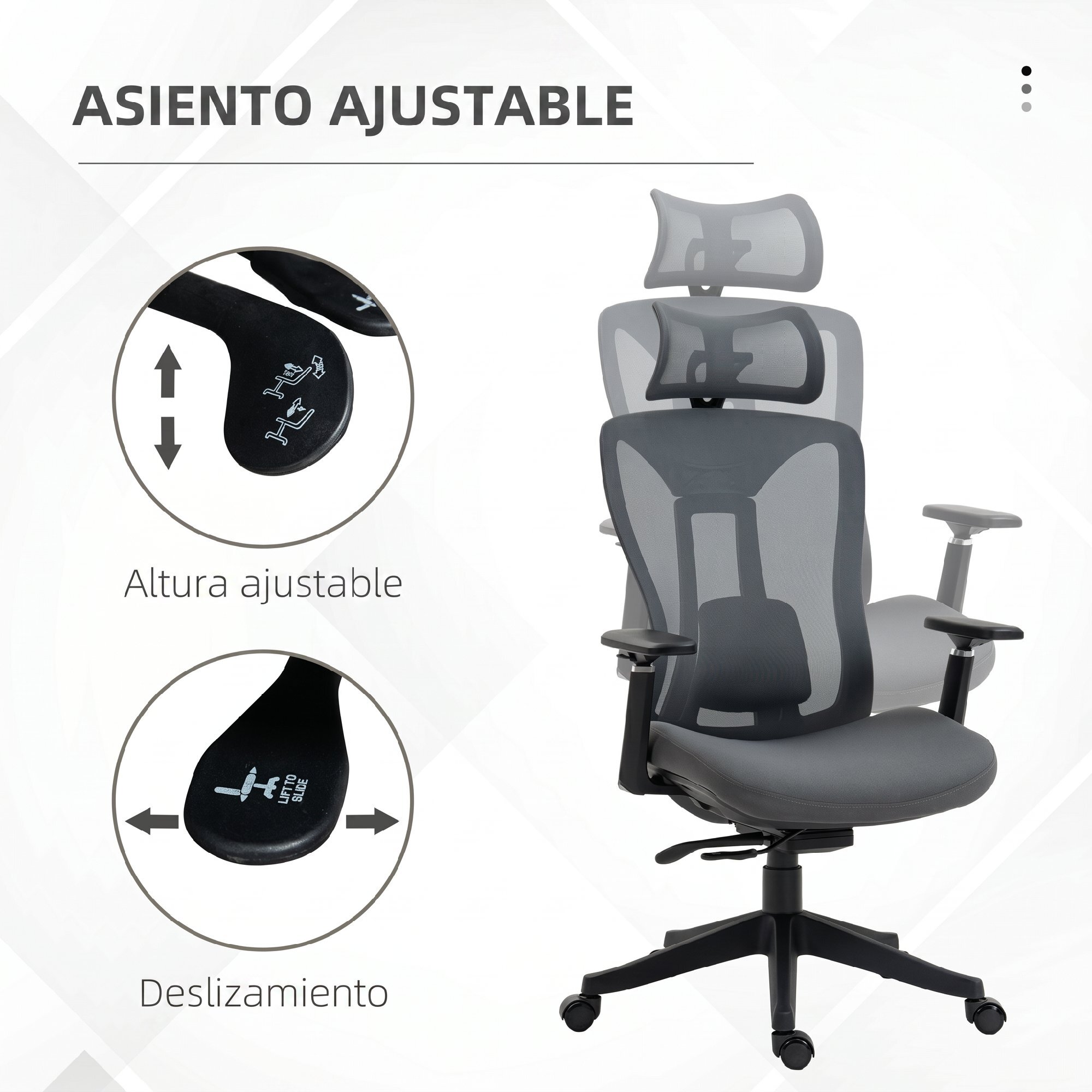 Vinsetto Silla de Oficina de Malla Silla de Escritorio Reclinable con Reposacabezas Ajustable Soporte Lumbar y Reposabrazos 3D Carga 150 kg 70x66x120-128 cm Gris