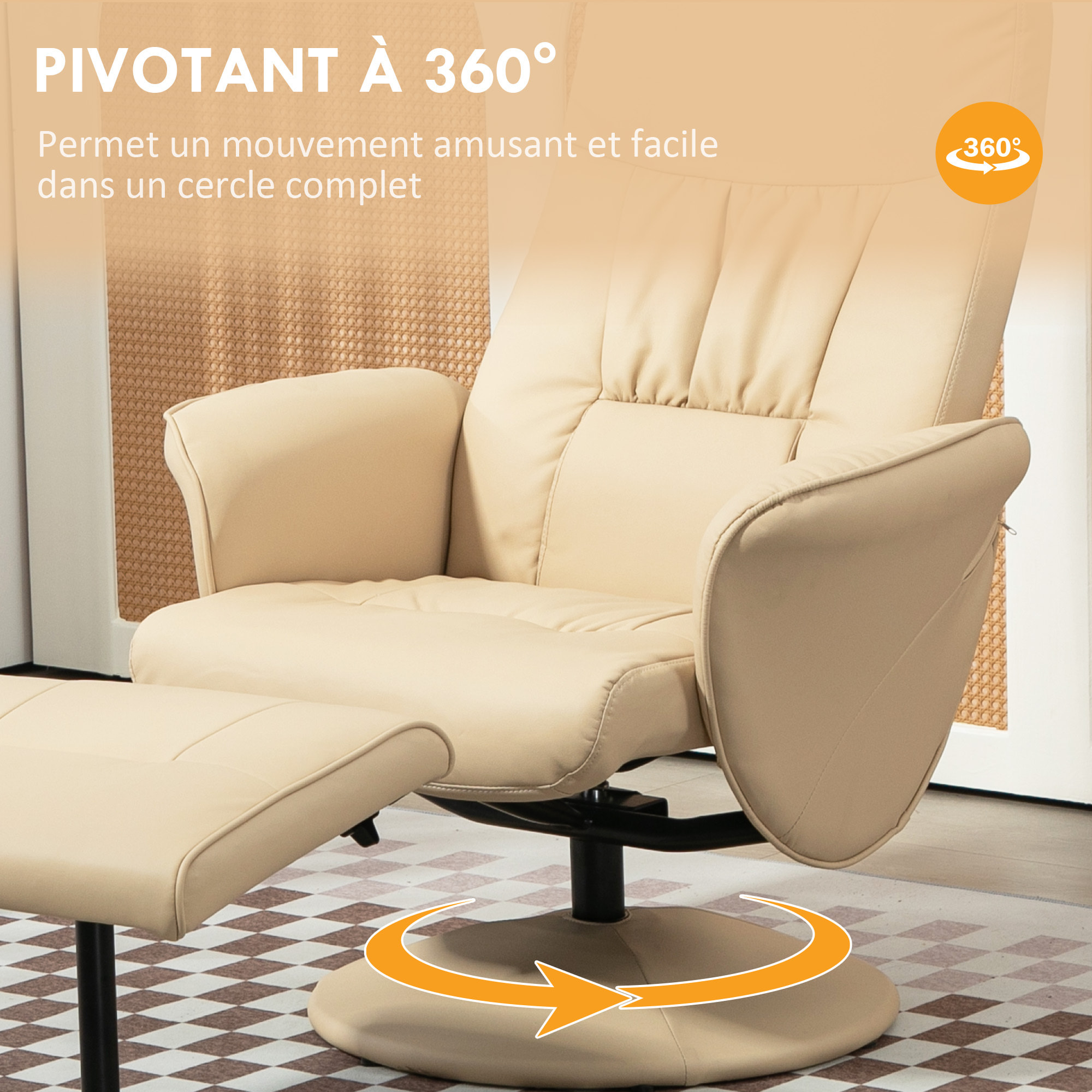 Fauteuil relax inclinable pivotant style contemporain avec repose-pied revêtement synthétique beige