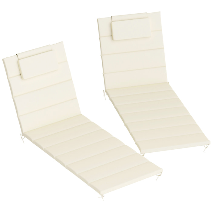Pack 2 Cojines para Tumbonas Plegables Colchonetas para Tumbonas de Jardín Exterior 203x66x3 cm con Reposacabezas y Correas de Sujeción Crema