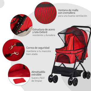 Cochecito para Mascotas Plegable Carrito para Perros Gatos con Toldo Ajustable Cesta de Almacenaje Correas de Seguridad y Frenos Tela Oxford 600D Acero 76,5x52x95 cm Rojo