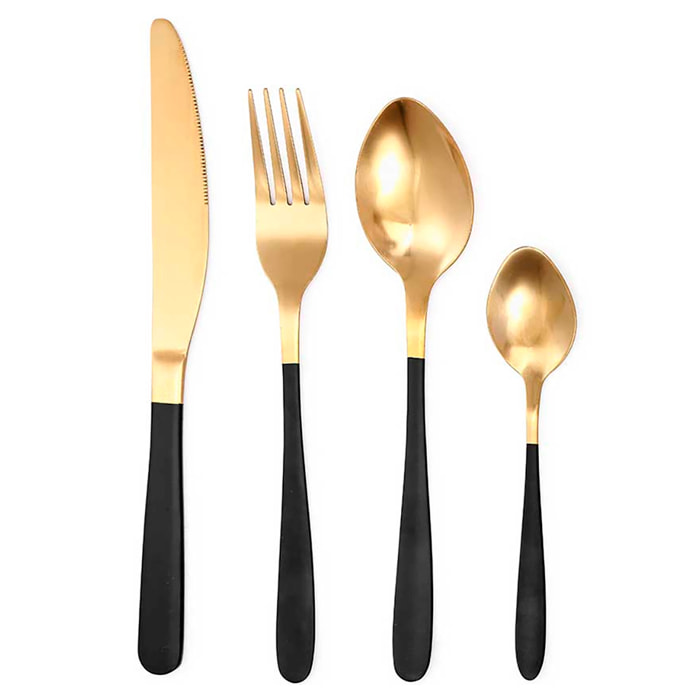 Set de 16 cubiertos en colores negro y oro.
