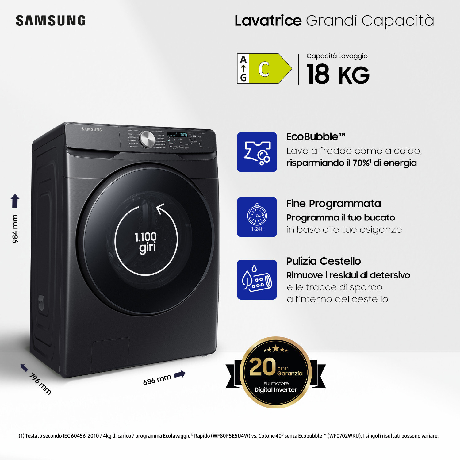 Samsung WF18T8000GV/ET Lavatrice a Caricamento Frontale 18 kg Classe C Nero