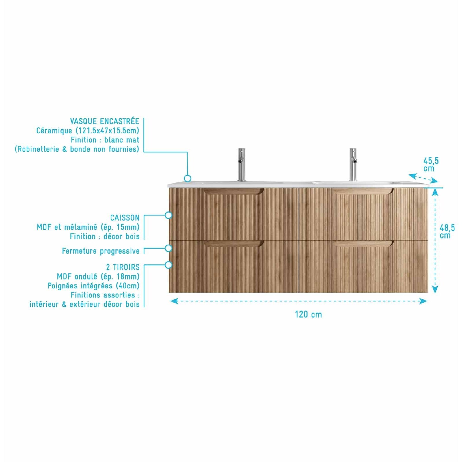 Meuble de Salle de Bains LEON 120cm Décor Bois - 4 Tiroirs en MDF Ondulés - Vasque à encastrer