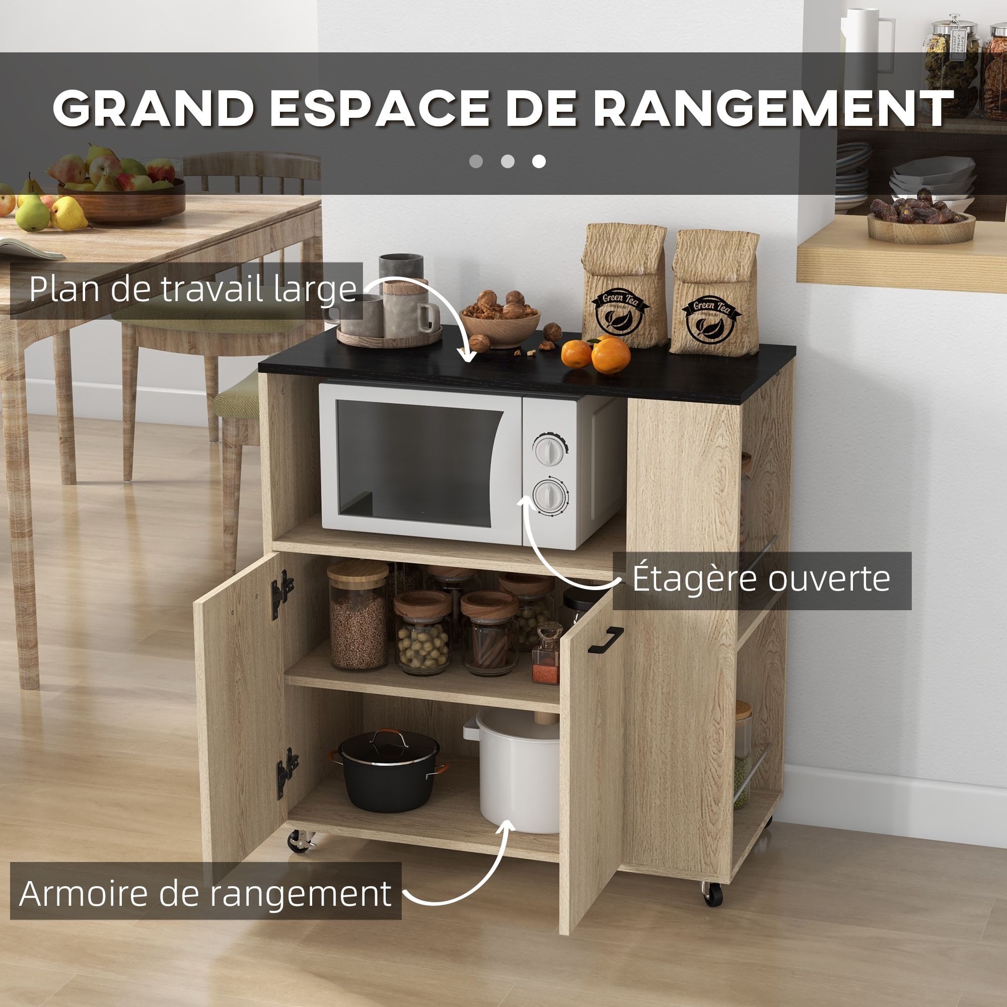 Desserte de cuisine multi-rangement 2 portes, étagère, niche, plateau, 2 porte-épices noir aspect chêne clair