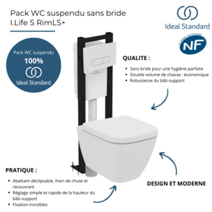 Pack WC suspendu sans bride I.Life S RimLS+ + Abattant frein de chute + Bâti-support autoportant + Plaque blanche