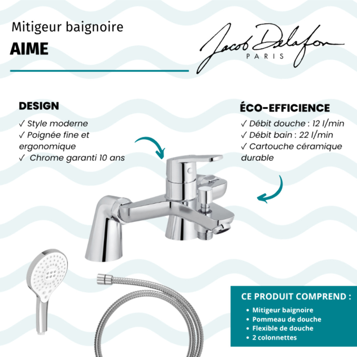 Mitigeur baignoire Aimé + pommeau de douche Metro signature + flexible de douche métal + colonnettes