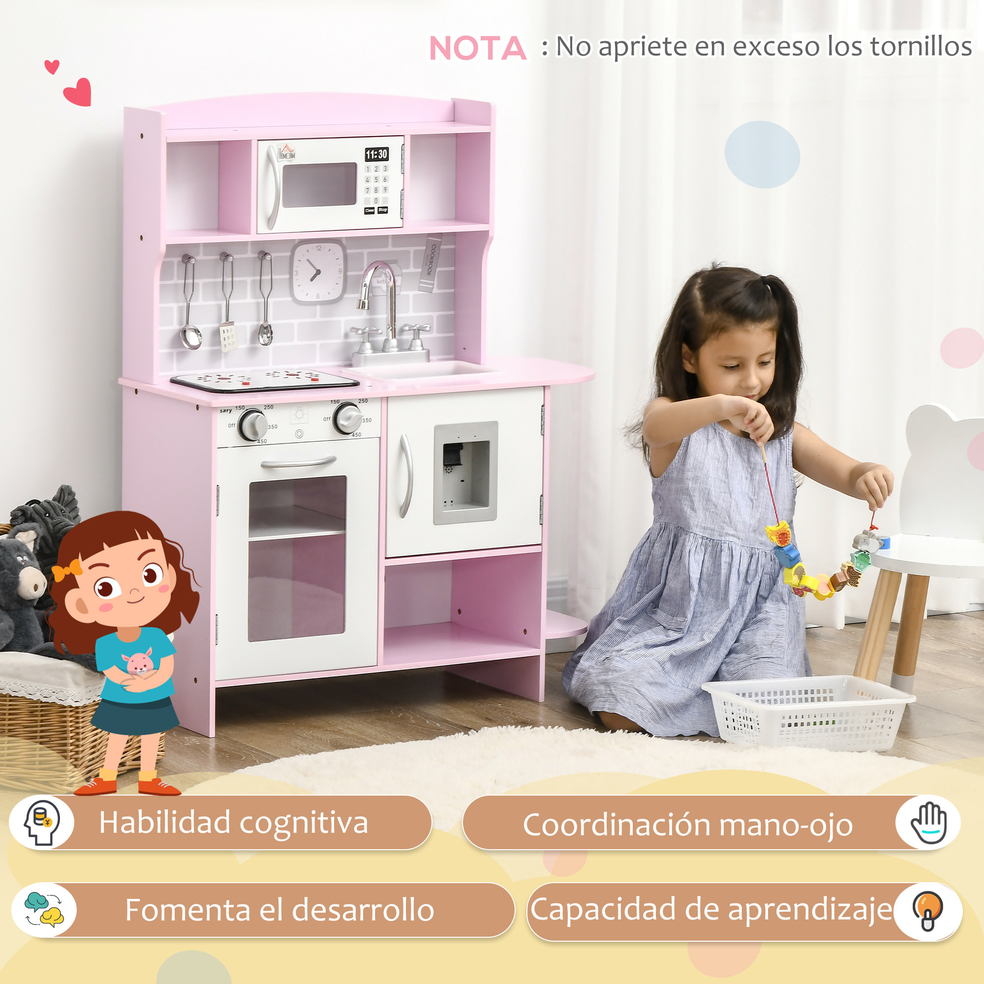 Cocina de Juguete 6 Piezas para Niños de +3 Años con Luz Sonidos 70x29x90cm Rosa