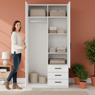 Armadio Con 2 Ante E 3 Cassetti Armadietto Multiuso Con Barra Appendiabiti E 4 Ripiani Di Cui 2 Regolabili Design Moderno 98.5x49.8x200.4 Cm Bianco