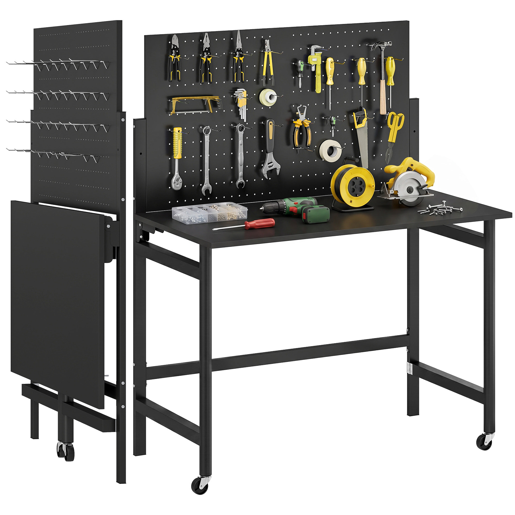 Banco de Trabajo Plegable con Tablero Perforado y Ruedas, Mesa de Trabajo Plegable con Ganchos, Marco de Acero, Banco para Garaje o Taller, 115x62x143,5 cm, Negro