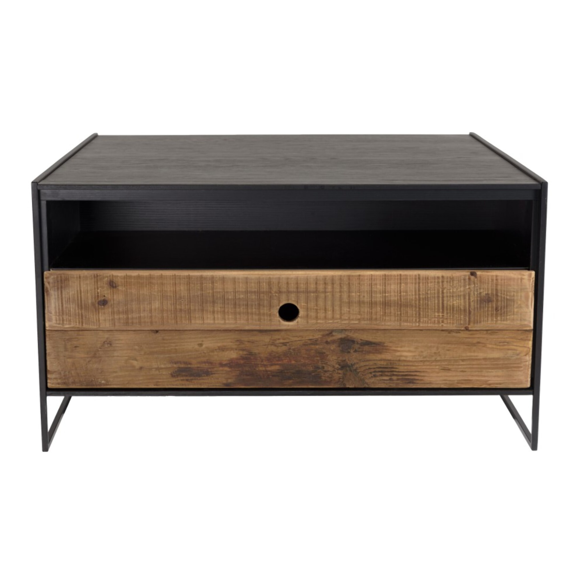 DANDY - Table basse noire 80x80cm 1 tiroir bois Pin recyclé et métal
