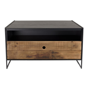 DANDY - Table basse noire 80x80cm 1 tiroir bois Pin recyclé et métal
