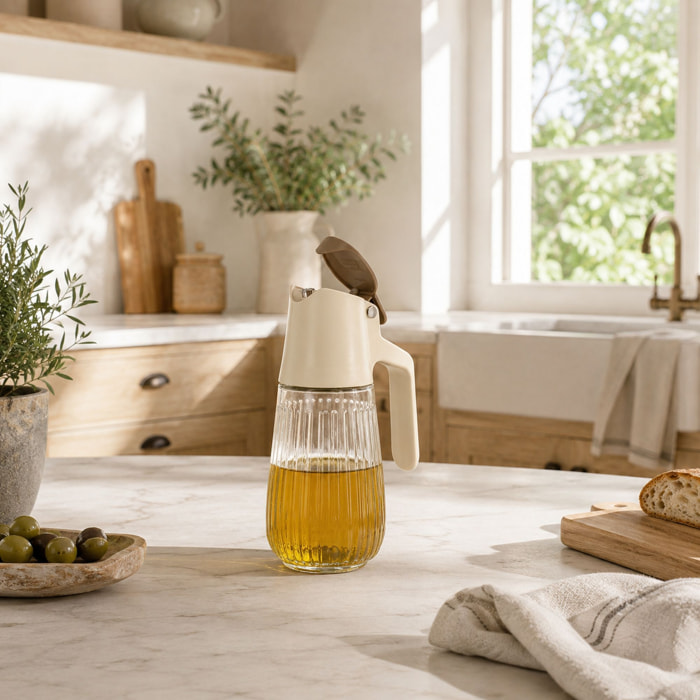 Bouteille d'huile 58cl en polypropylène crème et verre