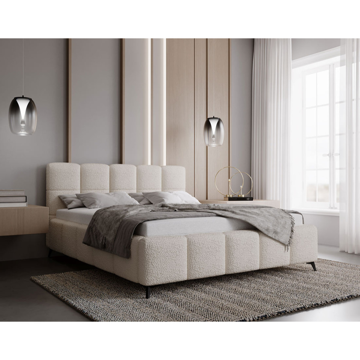 Paulito - lit coffre - 160x200 cm - sommier inclus - en tissu bouclette - Beige