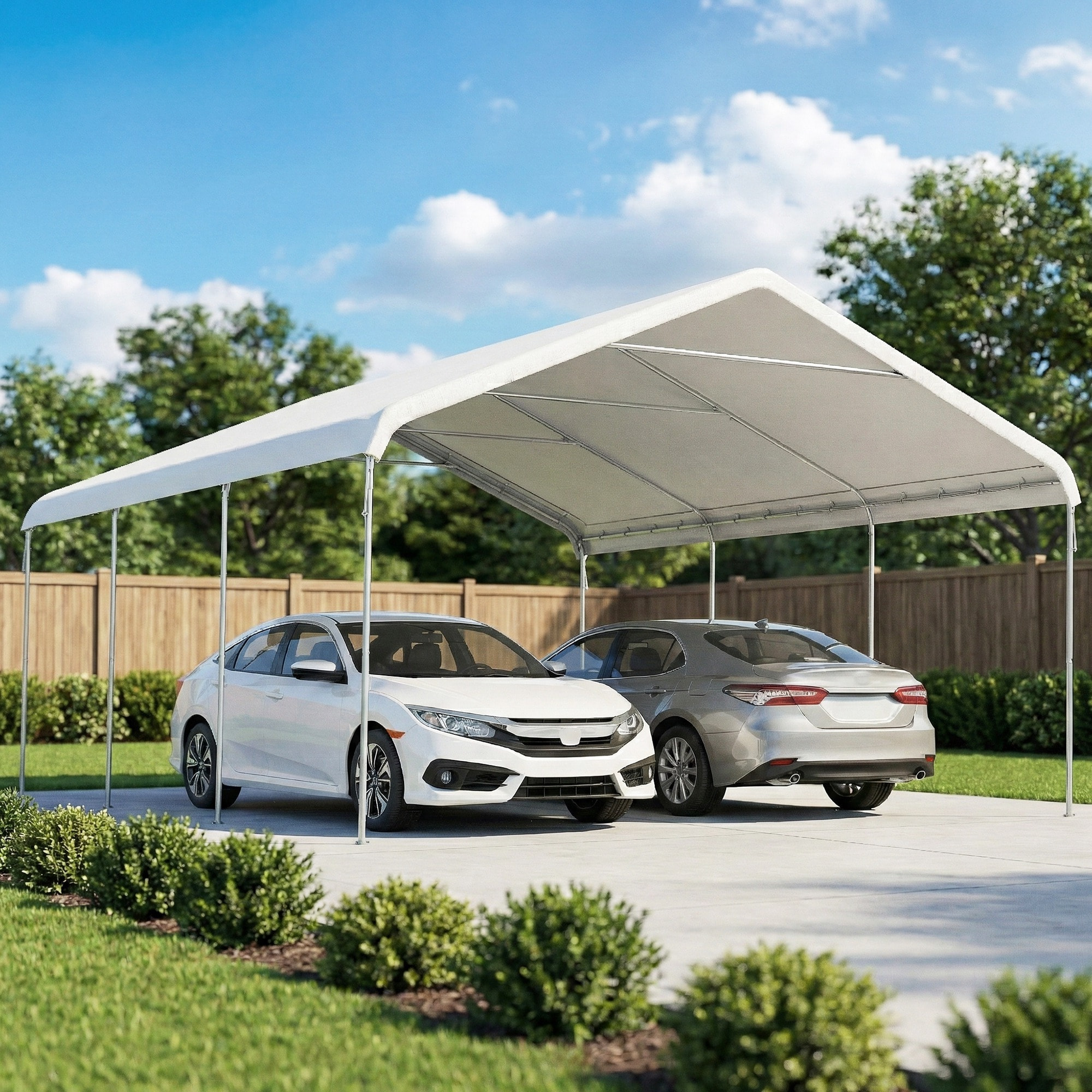 Carpa Garaje Portátil 5x6 m, Garaje Exterior para Coche Impermeable con Estructura de Acero Galvanizado, Toldo Resistente Anti-UV, Cobertizo para Herramientas de Jardín, Blanco Crema