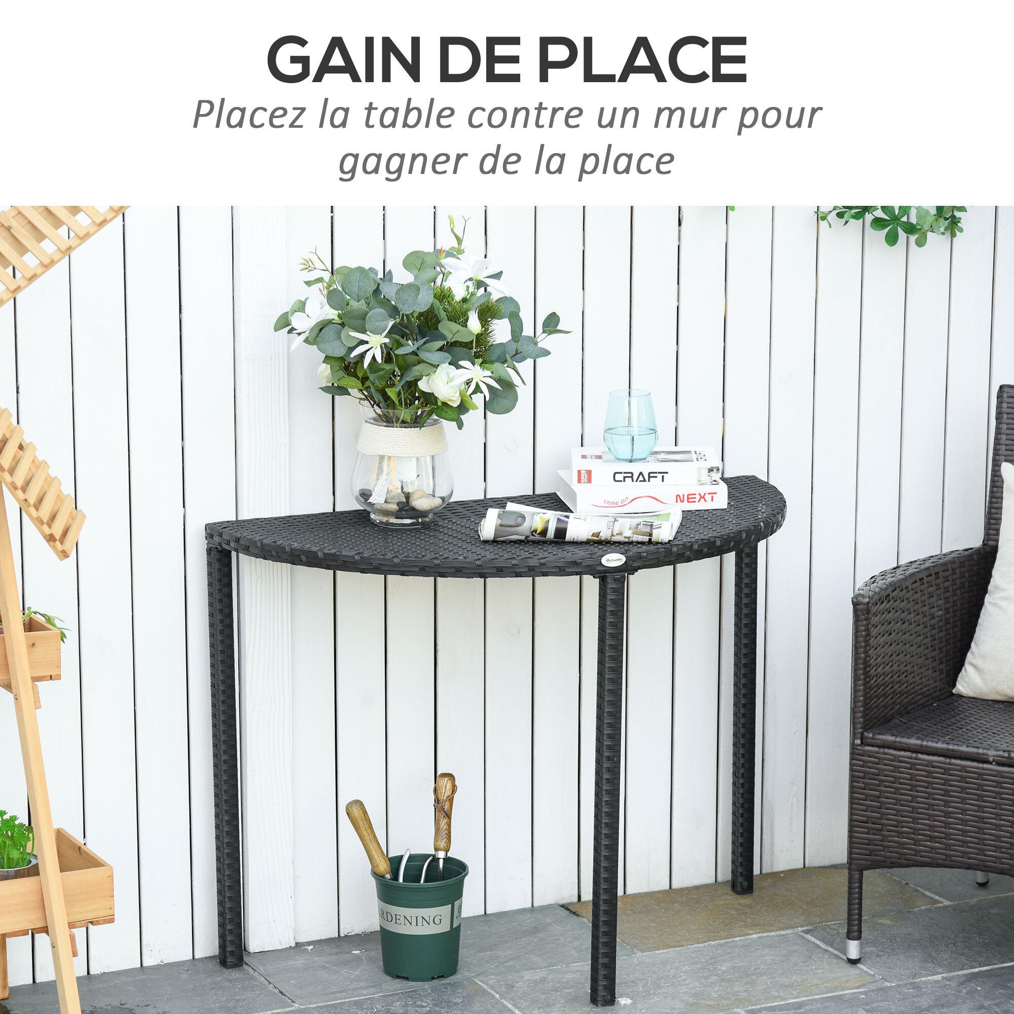 Table de jardin demi cercle - table de balcon demi lune - dim. 100L x 50l x 74H cm résine tressée 4 fils imitation rotin noir