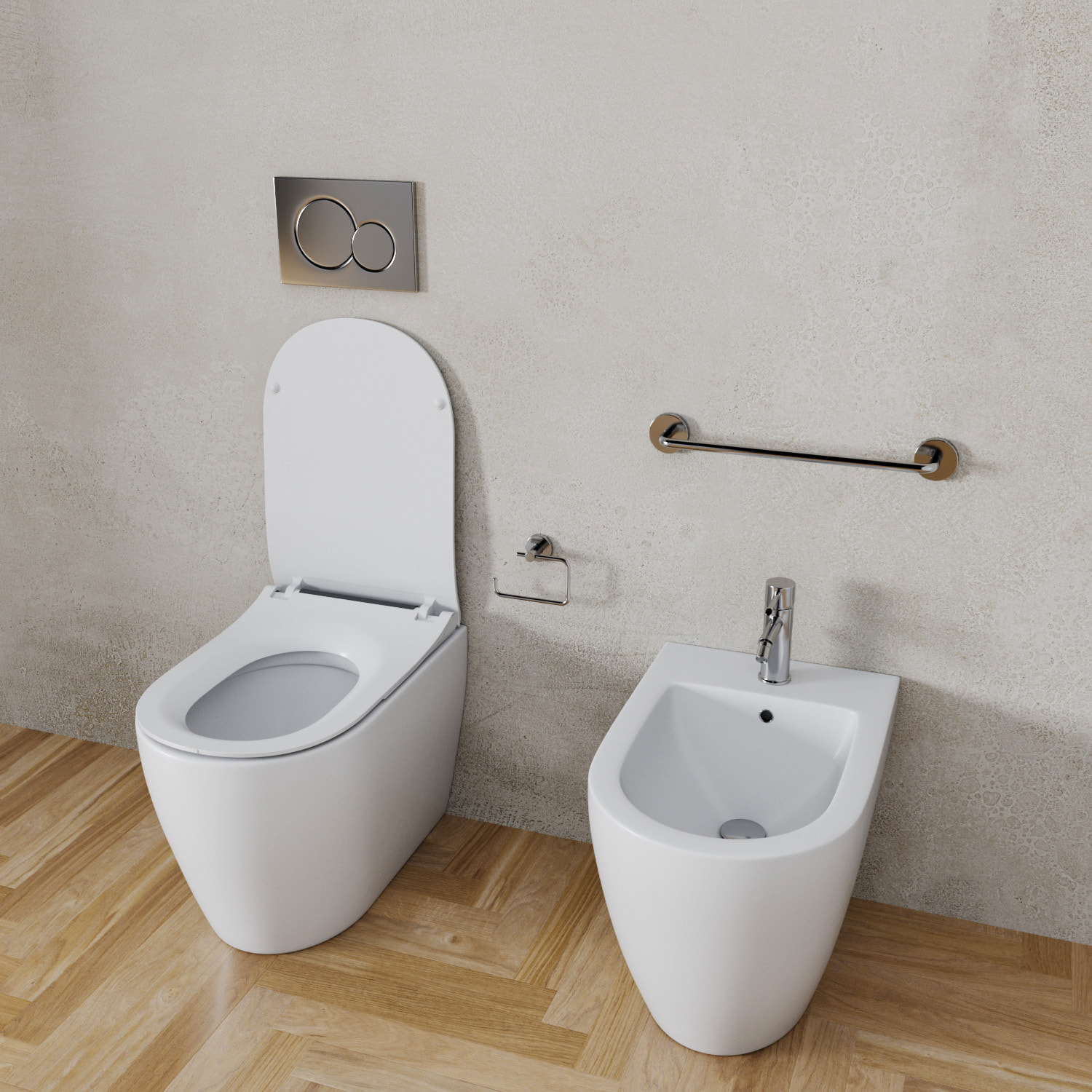Coppia Sanitari Filomuro Filo Muro Filo Parete Vaso WC E Bidet Design Moderno In Ceramica Con Copriwater Chiusura Soft Close Rallentata Bianco Opaco