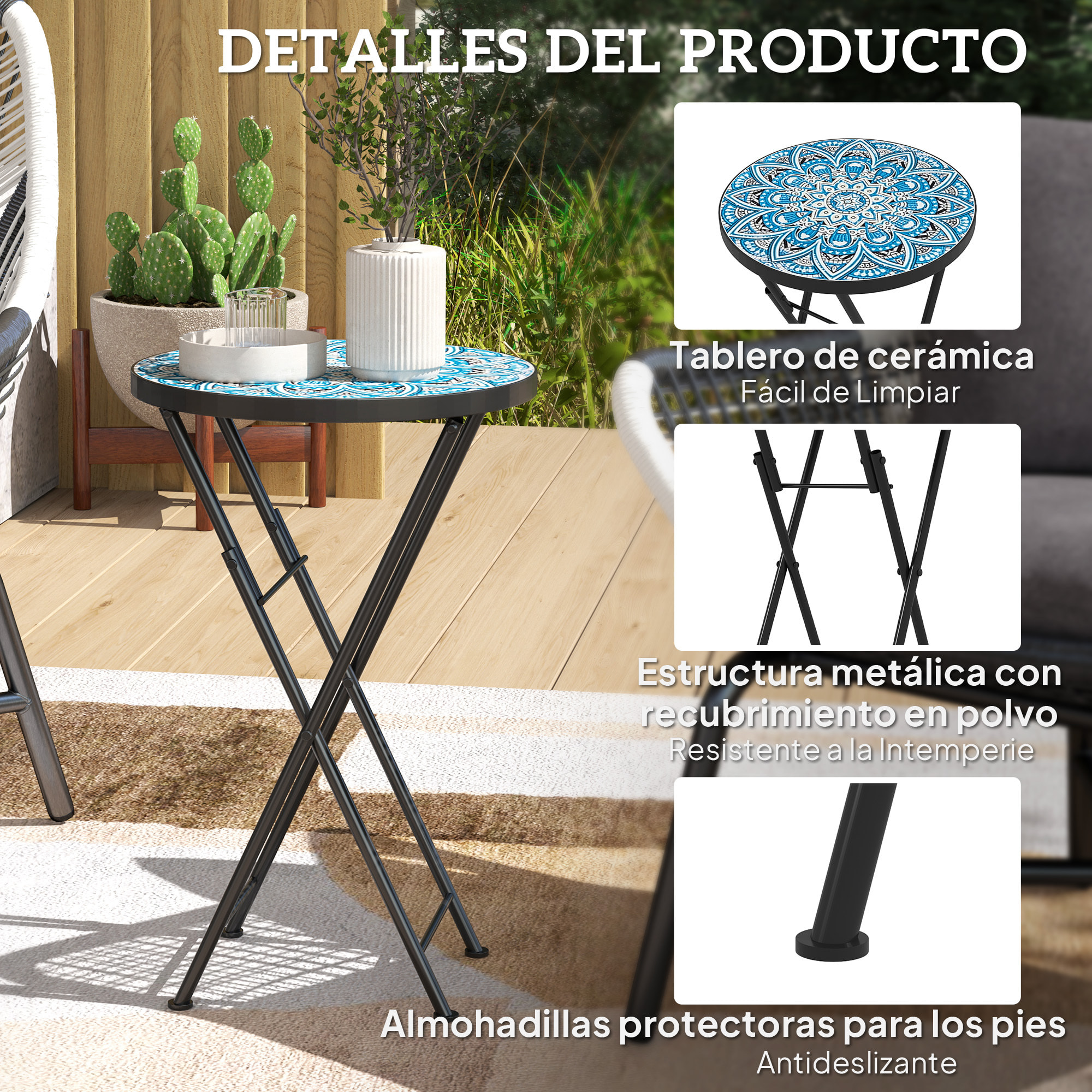 Mesa Auxiliar Redonda Mesa de Jardín Exterior Plegable con Encimera de Mosaico y Almohadillas Antideslizantes Mesa para Exterior Terraza Patio Ø35,5x55 cm Azul