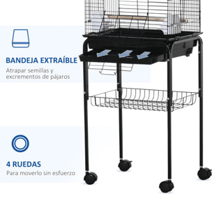 Jaula para Pájaros con Soporte Jaula de Aves Canarios con 4 Ruedas Techo Abrible 2 Comederos 3 Perchas Bandeja Extraíble y Estante Inferior 46x36x130 cm Negro