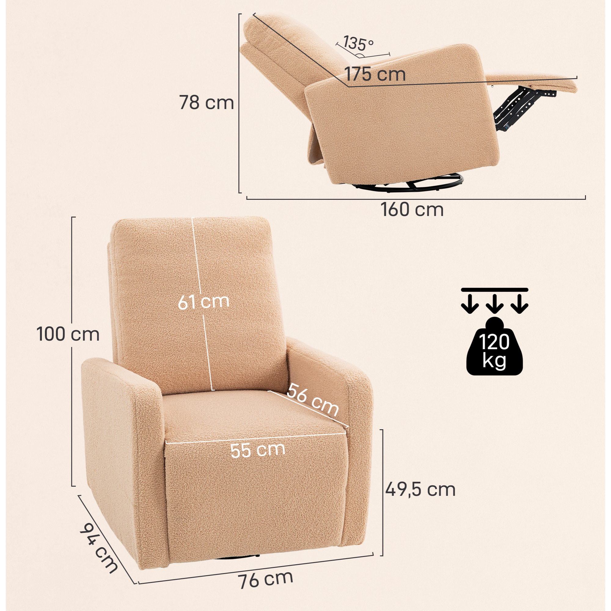 Sillón Relax Reclinable Manual, Sillón Relax de Borreguito con Reposabrazos, Reposapiés, Acolchado Grueso, Función de Balanceo 360°, Butaca Reclinable hasta 135º para Salón, Dormitorio, Marrón