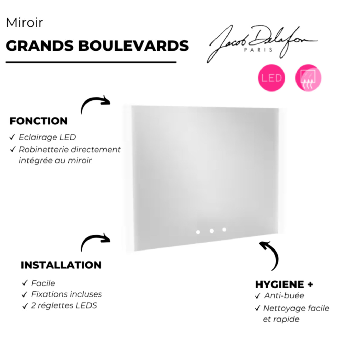 Miroir 3 trous pour mitigeurs Grands Boulevards 120 cm