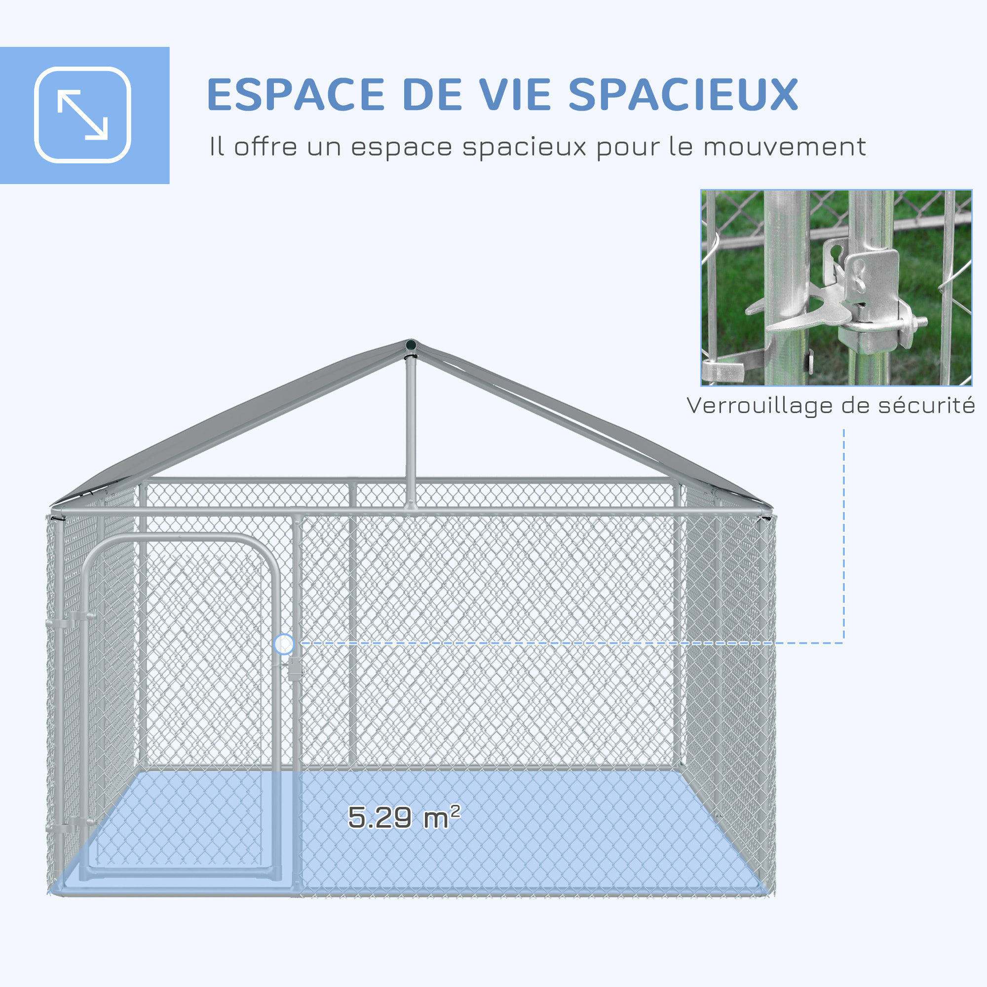 Chenil extérieur avec toit pour chien 5 m² - parc grillagé 230 x 230 x 175 cm - espace couvert - acier galvanisé