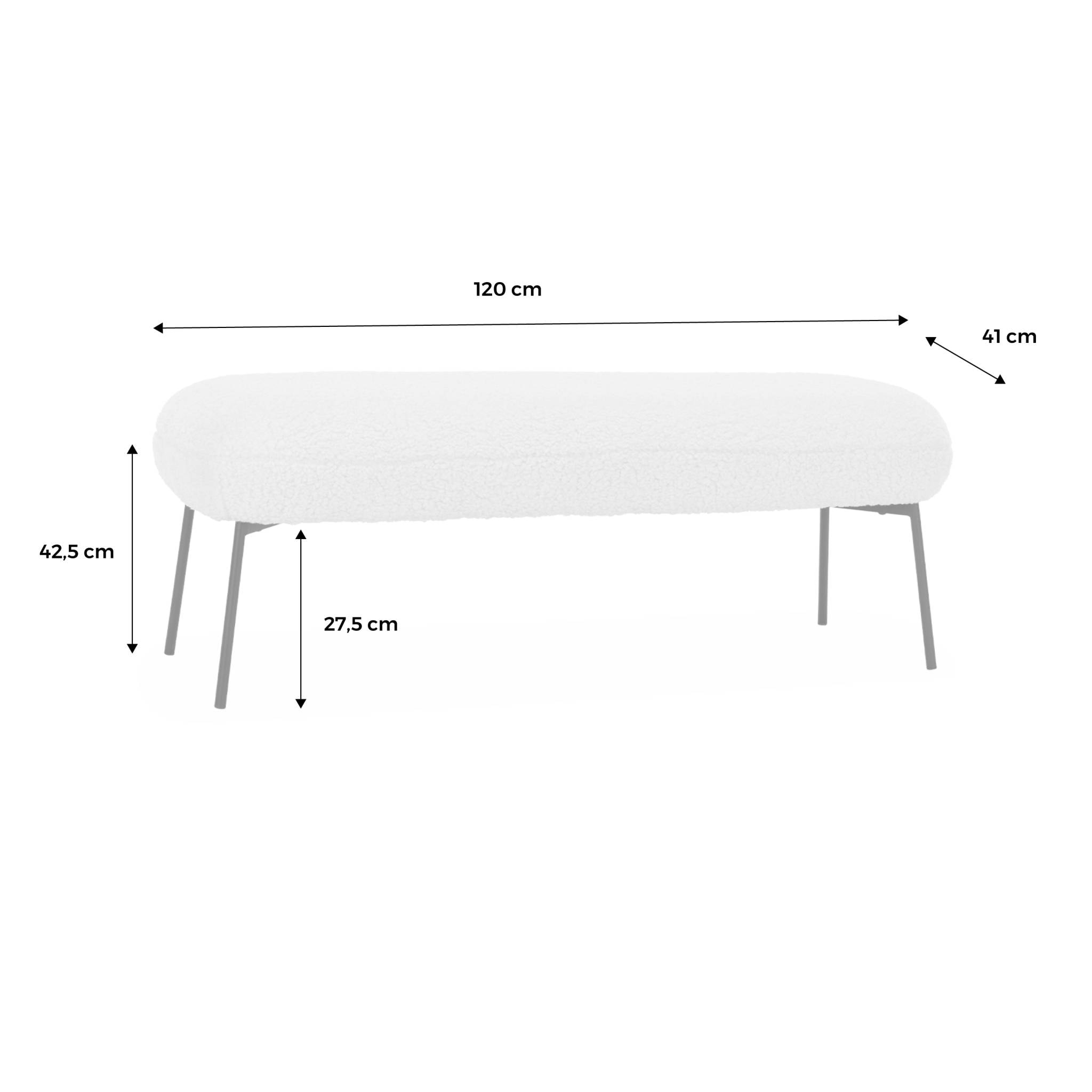 Banc. bout de lit avec revêtement bouclette texturée. beige. pieds en métal noir. L 120 x P 41 x H 42.5cm