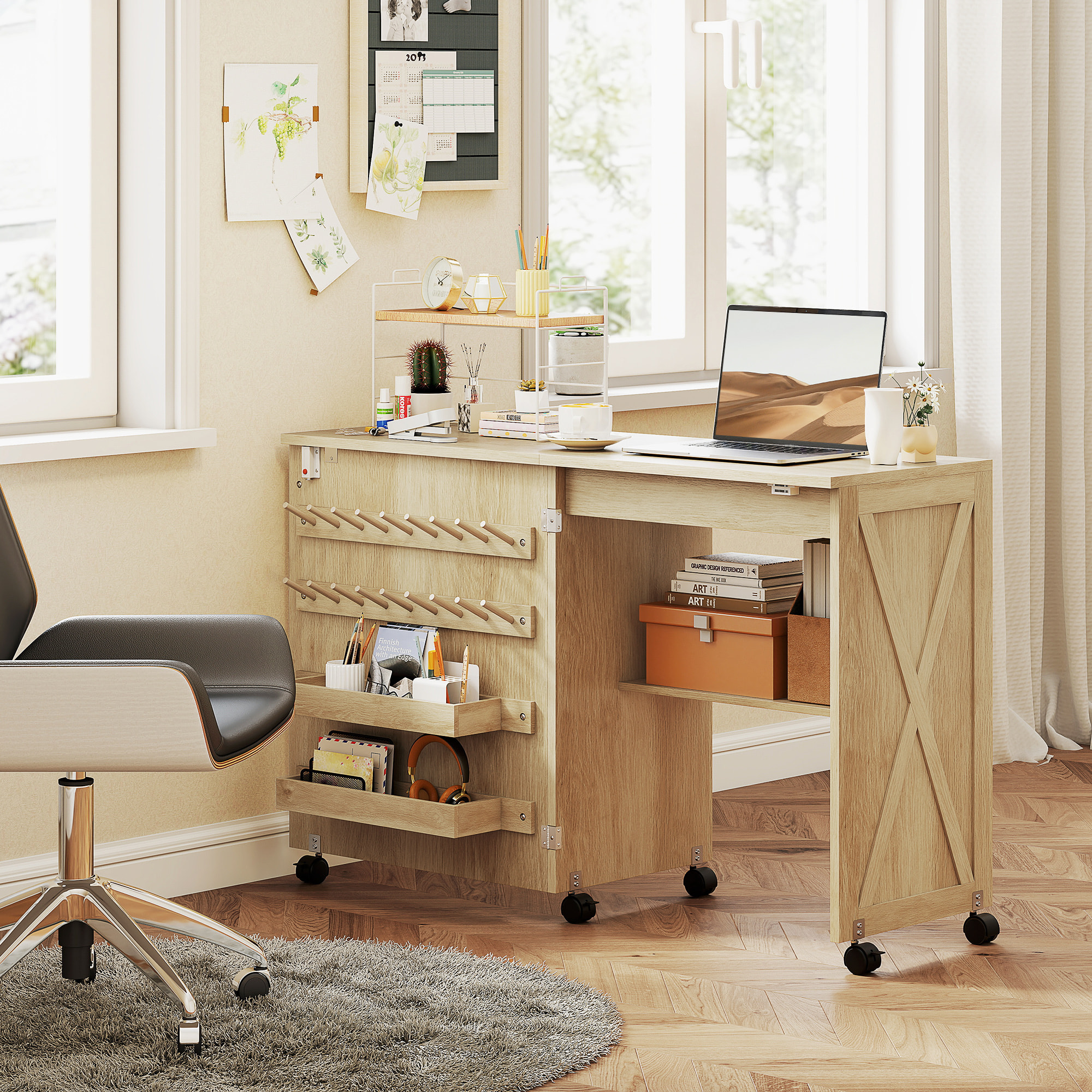 Table de couture pliable mobile 2 bacs 18 porte-bobines étagère naturel