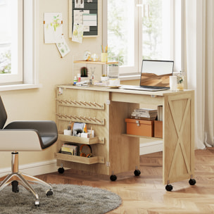 Table de couture pliable mobile 2 bacs 18 porte-bobines étagère naturel
