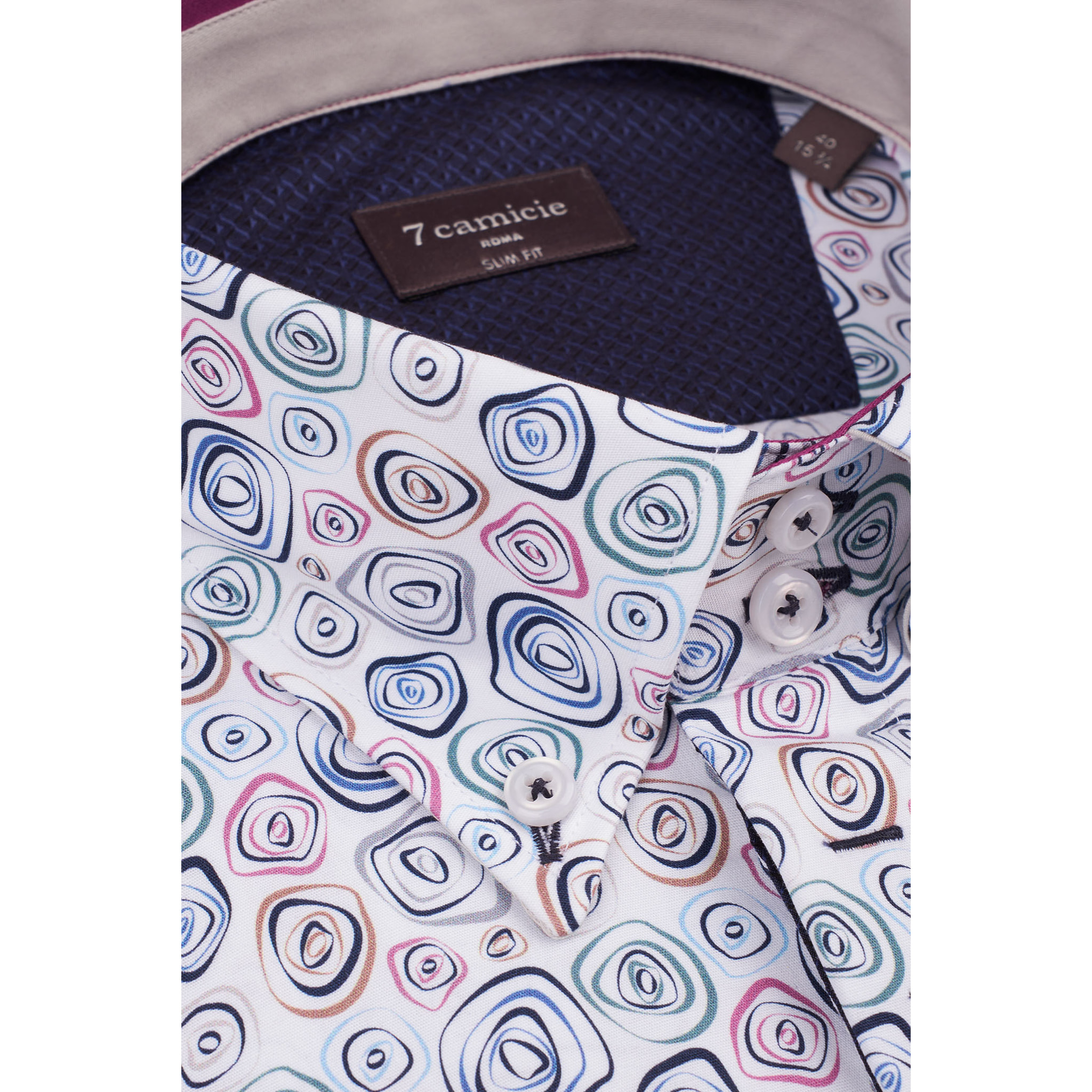 Camicia Uomo 2 Bottoni Button Down Slim Popeline Stampato Bianco e Blu