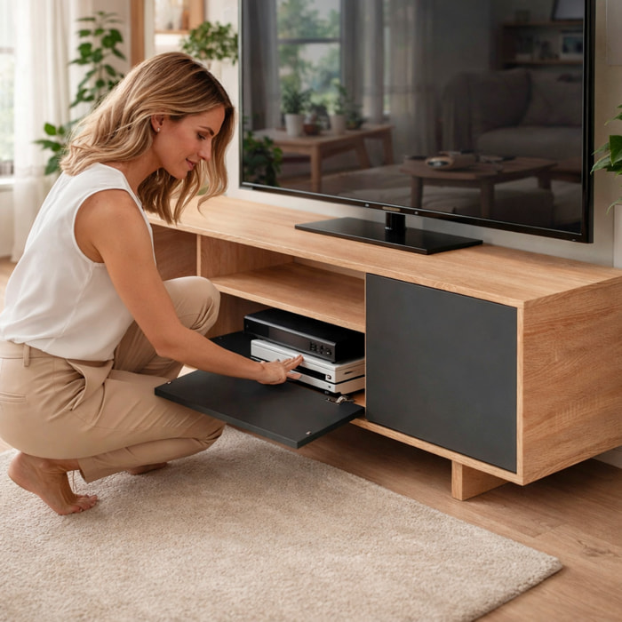 Mobile TV Con 3 Ante E Vano Centrale Design Nordico Moderno Mobile Porta TV Con Passacavi Per Salotto 150 x 46 x 41 Cm Colore Rovere E Nero