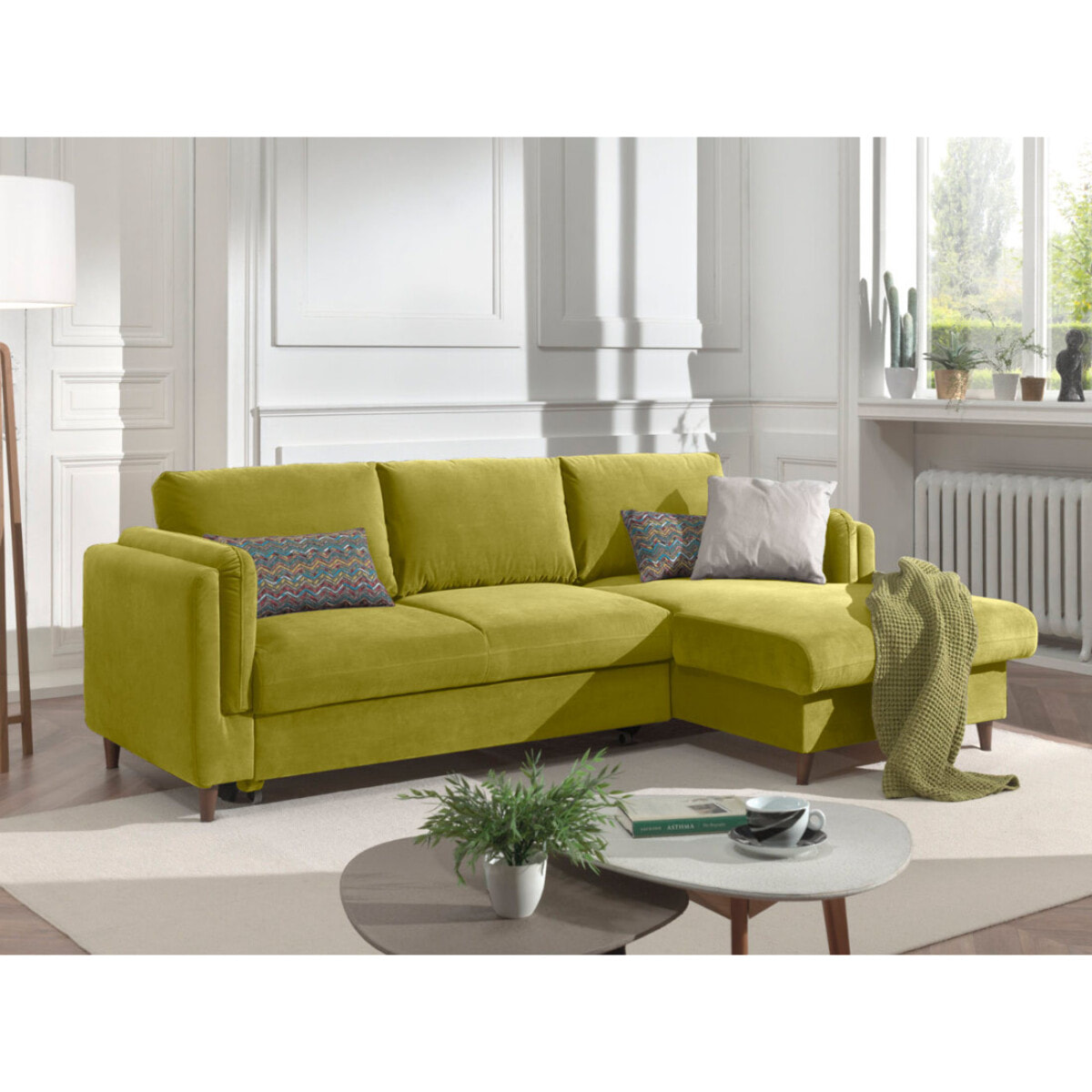Brooke - canapé d'angle droit - convertible avec coffre - 4 places - en velours - Vert Olive