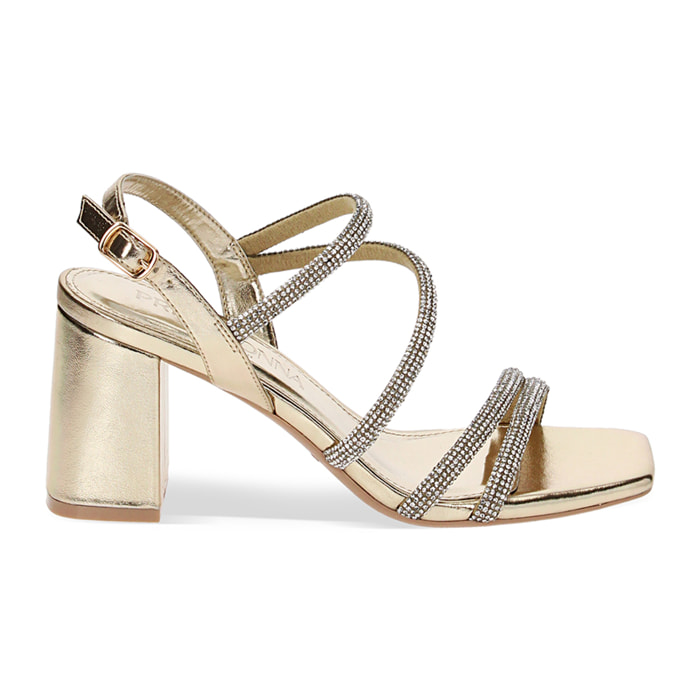 Sandalo donna oro da sera, tacco largo 7,5 cm