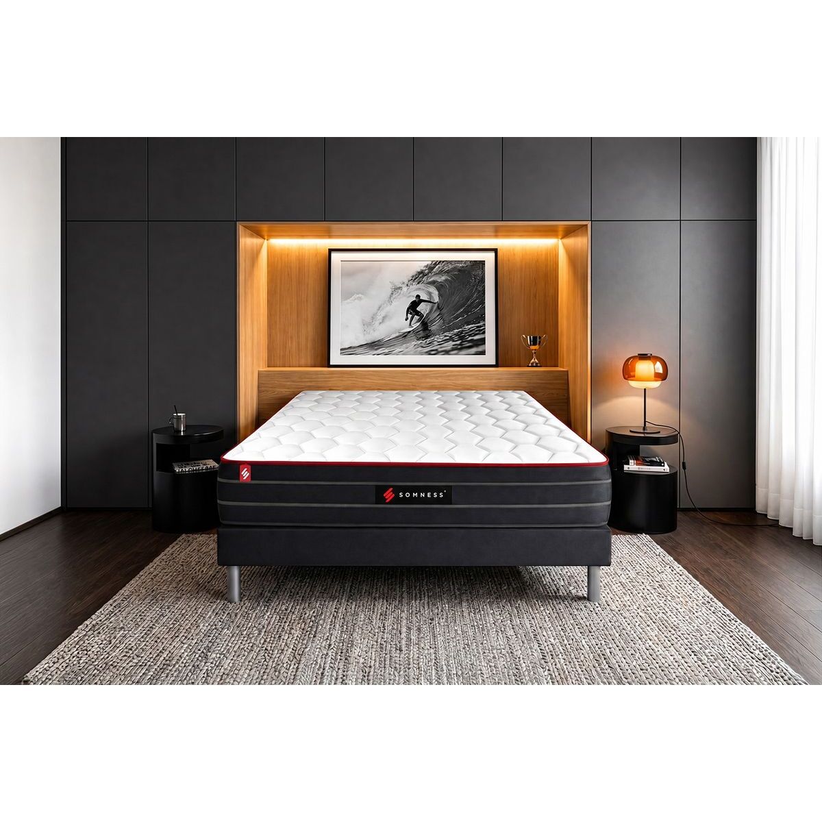 Ensemble Matelas Sommier 90x190 cm - Sommier Noir (déjà monté) - Boost