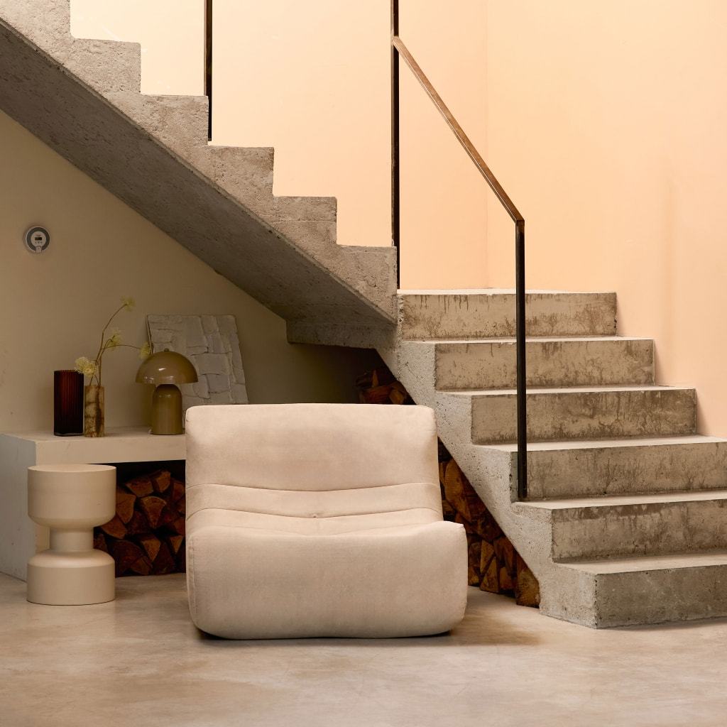 Fauteuil chauffeuse en velours style contemporain 1 place beige