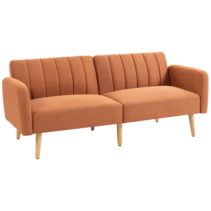 Canapé convertible 2 places design scandinave dossier inclinable 3 positions pieds bois tissu aspect lin ocre havane