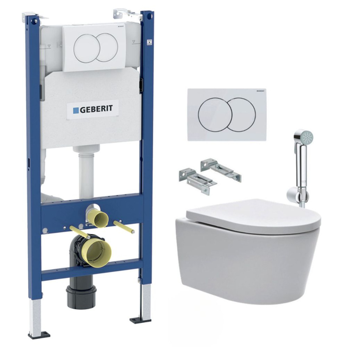 Pack Bati-support Geberit 112cm + Cuvette Swiss Aqua Technologies sans bride + Douchette bidet + Plaque blanche
