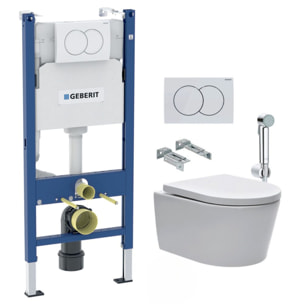 Pack Bati-support Geberit 112cm + Cuvette Swiss Aqua Technologies sans bride + Douchette bidet + Plaque blanche