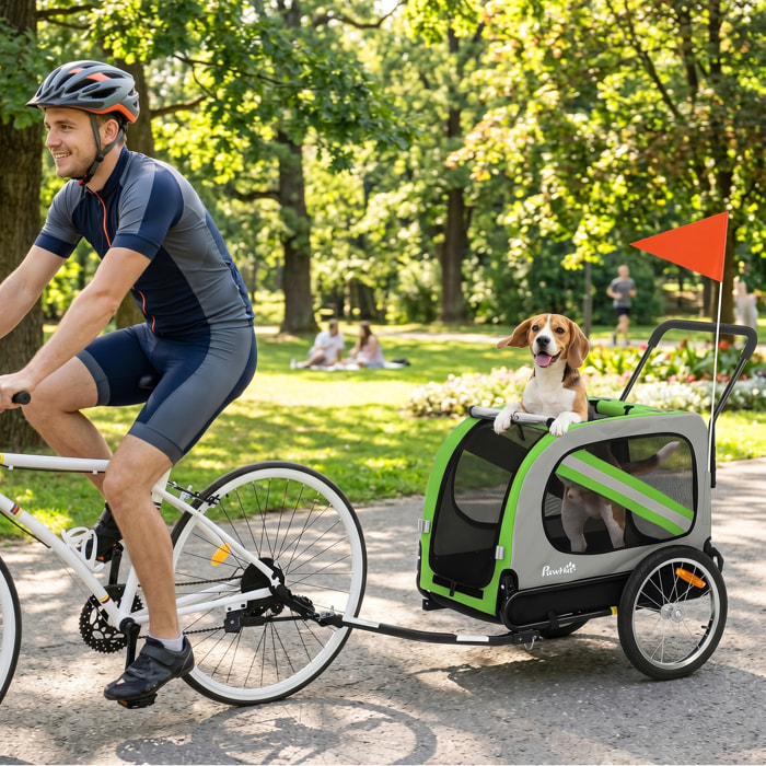 Remolque de Bicicleta para Perros 2 en 1, Carrito para Perros Medianos y Gatos Plegable con Cinturón de Seguridad, Bandera y Reflectores, Carga 20 kg, 134x62x101 cm, Verde