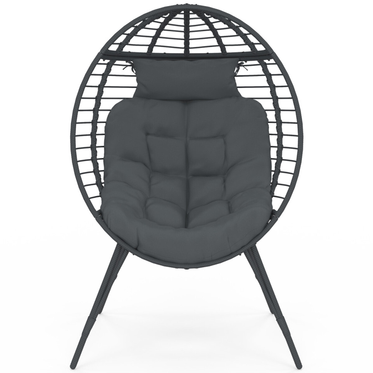 Fauteuil œuf sur pied effet rotin gris avec coussin